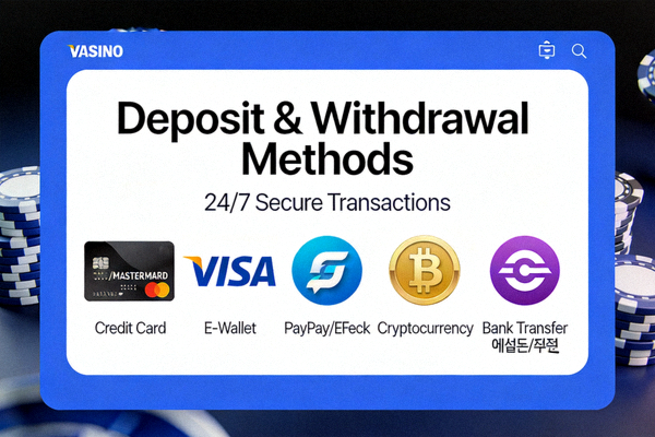 해외 카지노 사이트의 입출금 페이지에 표시된 다양한 결제 수단 로고(신용카드, 전자지갑, 암호화폐, 은행송금 등)를 보여주는 이미지