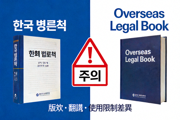 한국과 해외 법률 책을 비교하며 주의 표시가 있는 그림