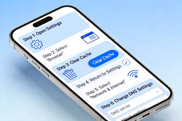 스마트폰 설정 메뉴에서 브라우저 캐시 삭제와 DNS 설정 변경 옵션을 보여주는 상세 가이드 이미지