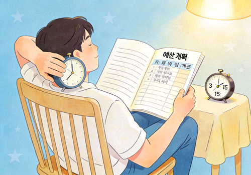 예산 계획표와 시계를 보며 휴식을 취하는 사람의 일러스트